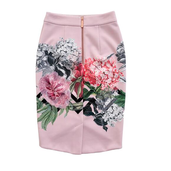 NWT Ted Baker Floral Pencil Skirt Women US 2 TB Sz 0 Pink Office Spring Wedding - Picture 4 of 9